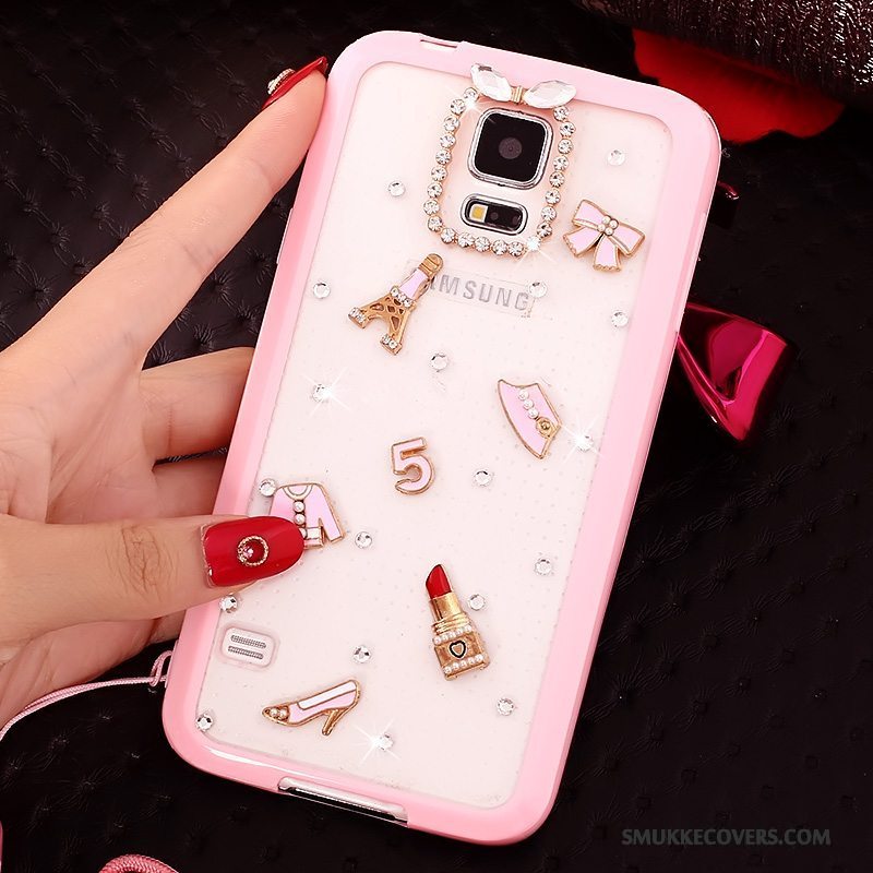 Etui Samsung Galaxy S5 Strass Lyserød Hængende Hals, Cover Samsung Galaxy S5 Blød Telefonanti-fald