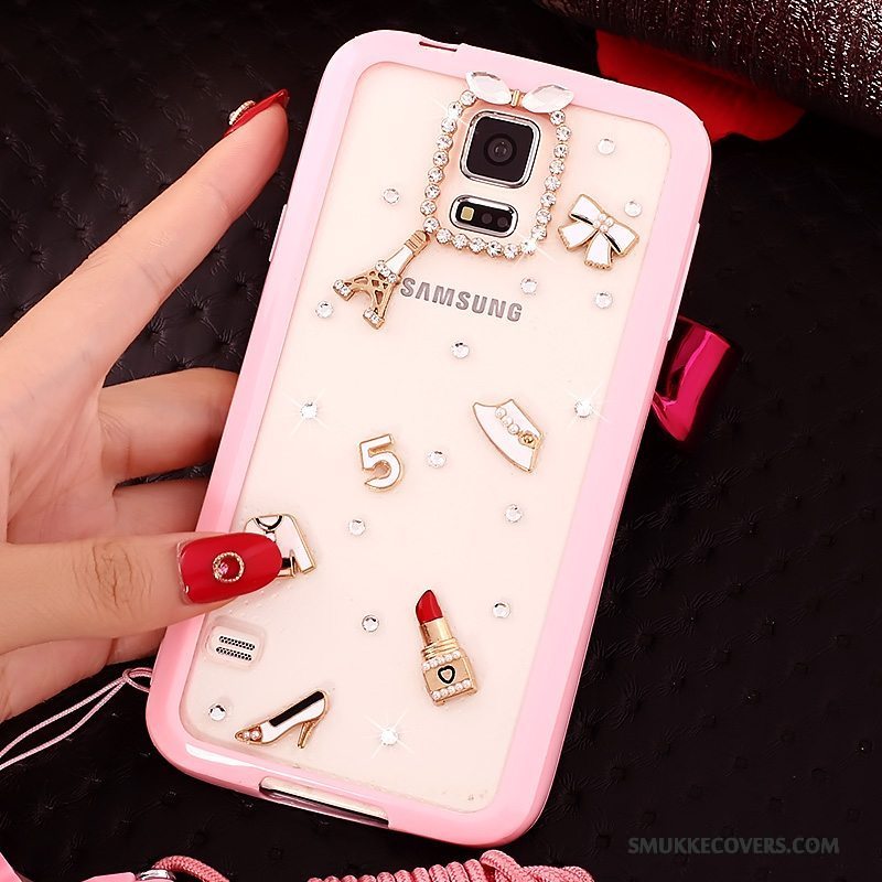 Etui Samsung Galaxy S5 Strass Lyserød Hængende Hals, Cover Samsung Galaxy S5 Blød Telefonanti-fald