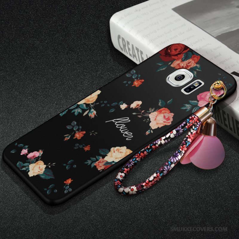 Etui Samsung Galaxy S6 Edge + Beskyttelse Telefonsort, Cover Samsung Galaxy S6 Edge + Blomster Hængende Ornamenter Nubuck