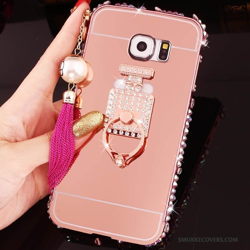 Etui Samsung Galaxy S6 Edge + Tasker Telefonlyserød, Cover Samsung Galaxy S6 Edge + Strass Ramme Ring