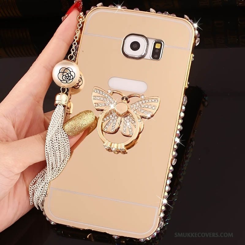 Etui Samsung Galaxy S6 Edge + Tasker Telefonlyserød, Cover Samsung Galaxy S6 Edge + Strass Ramme Ring