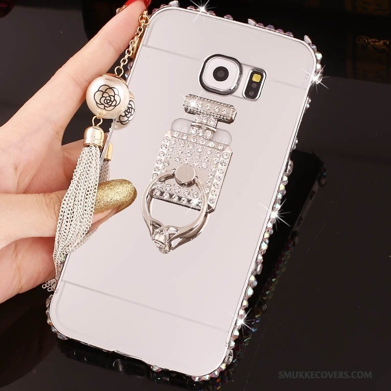 Etui Samsung Galaxy S6 Edge + Tasker Telefonlyserød, Cover Samsung Galaxy S6 Edge + Strass Ramme Ring