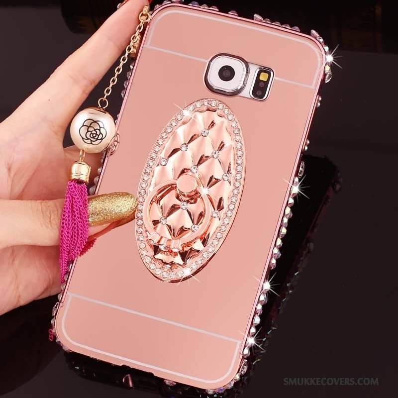 Etui Samsung Galaxy S6 Edge + Tasker Telefonlyserød, Cover Samsung Galaxy S6 Edge + Strass Ramme Ring