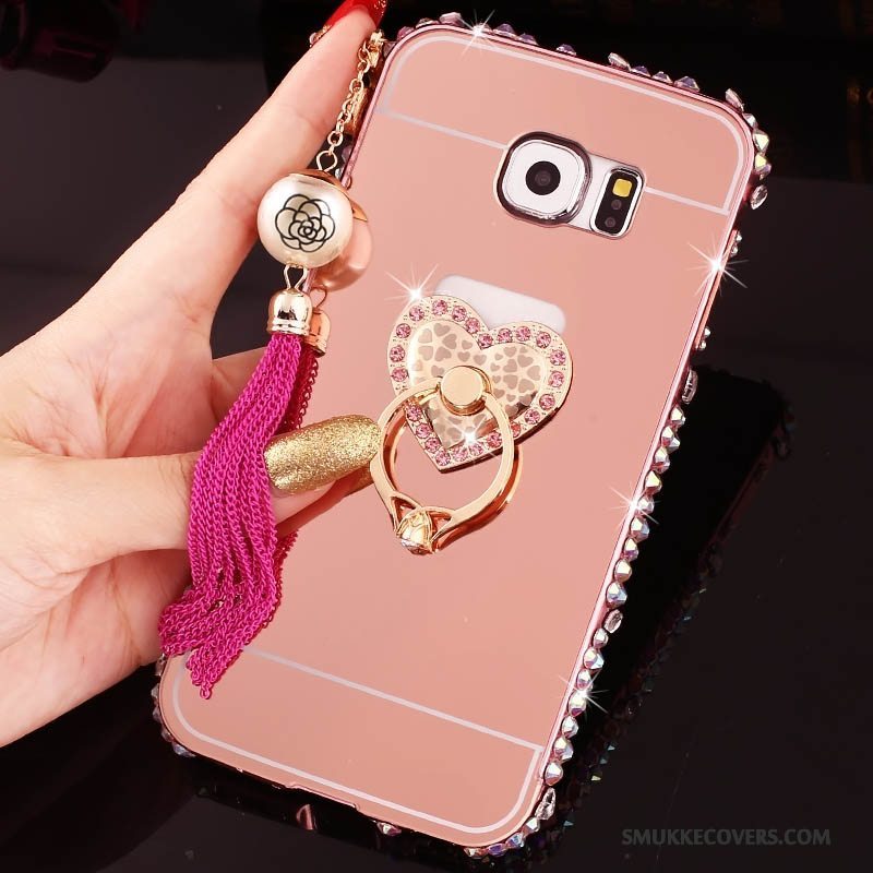 Etui Samsung Galaxy S6 Edge + Tasker Telefonlyserød, Cover Samsung Galaxy S6 Edge + Strass Ramme Ring