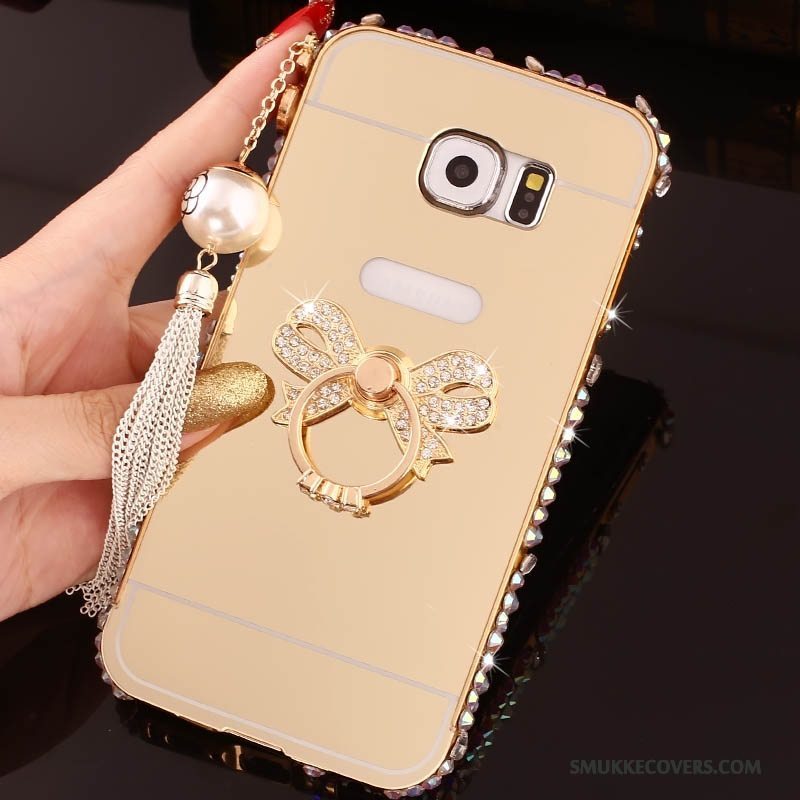 Etui Samsung Galaxy S6 Edge + Tasker Telefonlyserød, Cover Samsung Galaxy S6 Edge + Strass Ramme Ring