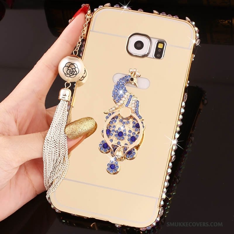 Etui Samsung Galaxy S6 Edge + Tasker Telefonlyserød, Cover Samsung Galaxy S6 Edge + Strass Ramme Ring