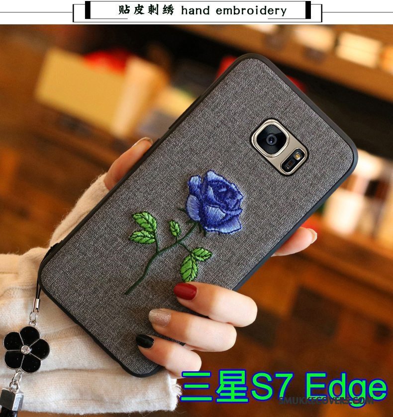 Etui Samsung Galaxy S7 Edge Blød Broderi Blå, Cover Samsung Galaxy S7 Edge Beskyttelse Telefontrend