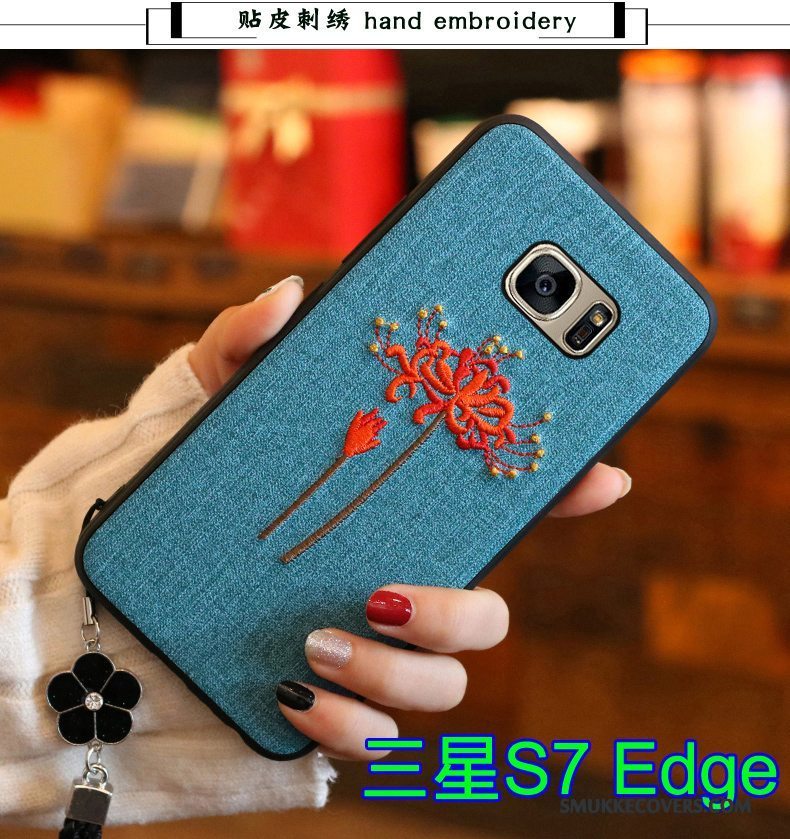 Etui Samsung Galaxy S7 Edge Blød Broderi Blå, Cover Samsung Galaxy S7 Edge Beskyttelse Telefontrend