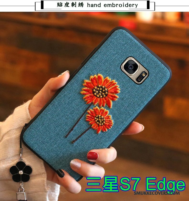 Etui Samsung Galaxy S7 Edge Blød Broderi Blå, Cover Samsung Galaxy S7 Edge Beskyttelse Telefontrend