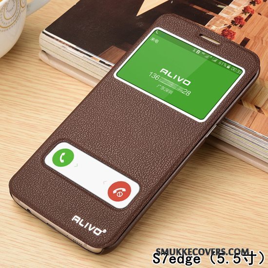 Etui Samsung Galaxy S7 Edge Folio Telefonanti-fald, Cover Samsung Galaxy S7 Edge Læder Cyan