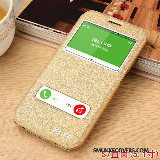 Etui Samsung Galaxy S7 Læder Guld Telefon, Cover Samsung Galaxy S7 Folio