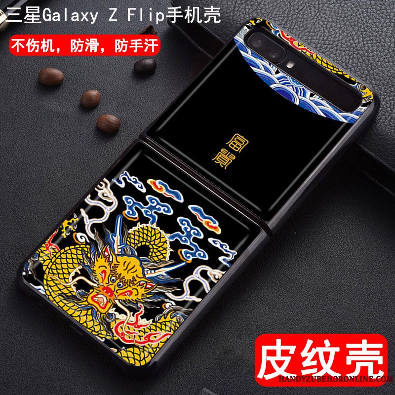 Etui Samsung Z Flip Cartoon Dragon Mønster Fold, Cover Samsung Z Flip Læder Telefonsort