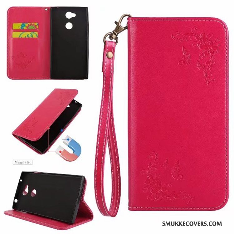 Etui Sony Xperia L2 Folio Anti-fald Rød, Cover Sony Xperia L2 Blød Sommerfugle Telefon