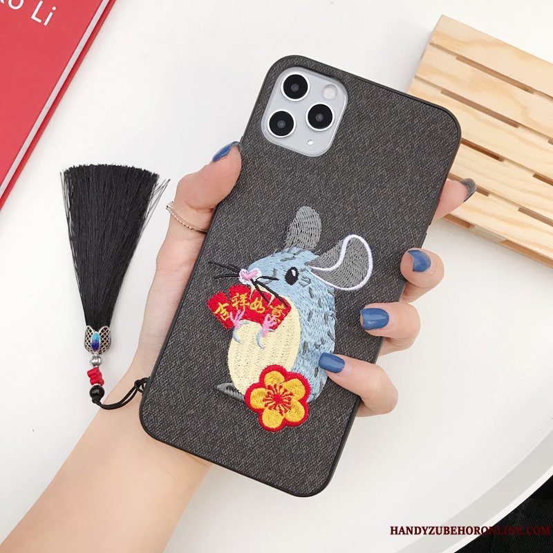 Etui iPhone 11 Pro Max Blød Telefonrotte, Cover iPhone 11 Pro Max Broderi Sort