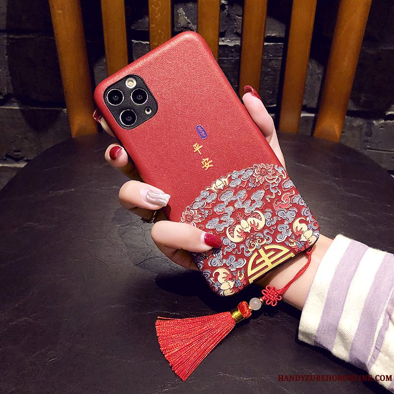 Etui iPhone 11 Pro Max Relief Kinesisk Stil Rød, Cover iPhone 11 Pro Max Tassel Anti-fald