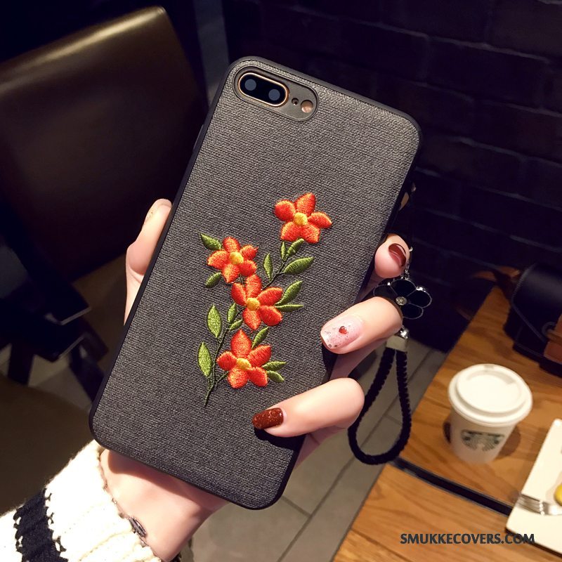 Etui iPhone 7 Blød Kunst Grå, Cover iPhone 7 Beskyttelse Sort Blomster