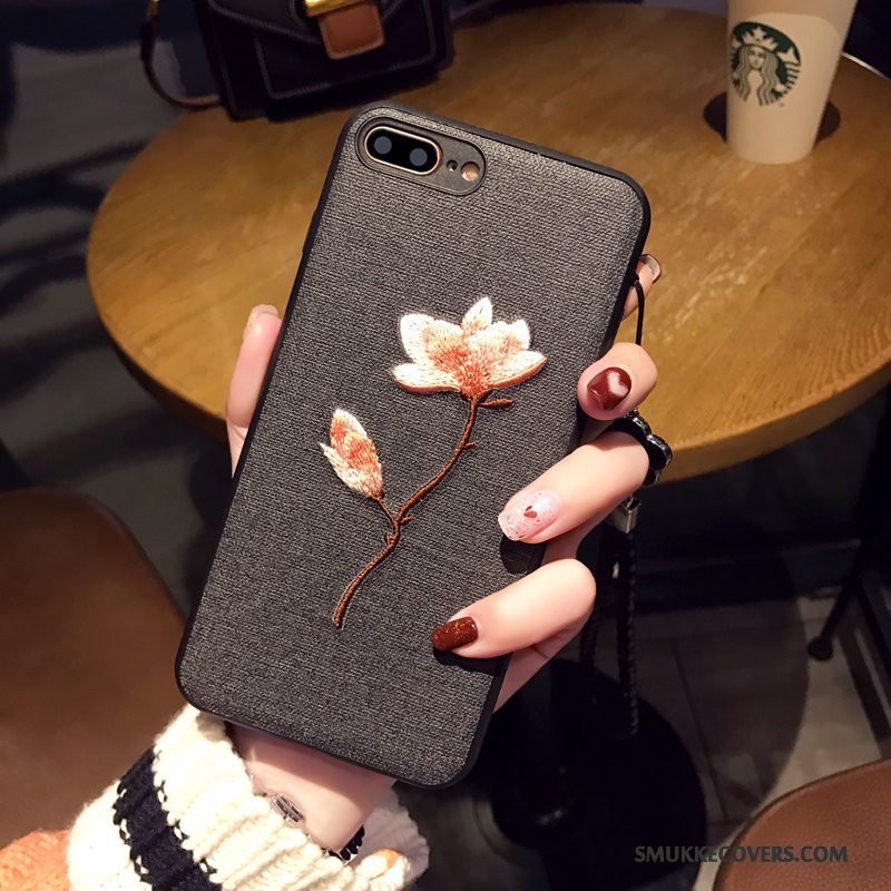 Etui iPhone 7 Blød Kunst Grå, Cover iPhone 7 Beskyttelse Sort Blomster