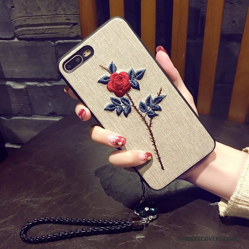 Etui iPhone 8 Plus Blød Anti-fald Broderi, Cover iPhone 8 Plus Beskyttelse Blomster Telefon