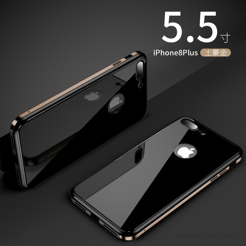 Etui iPhone 8 Plus Metal Hærdet Glas Telefon, Cover iPhone 8 Plus Beskyttelse Trend Rød