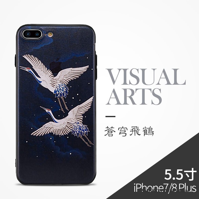 Etui iPhone 8 Plus Silikone Kinesisk Stil Blå, Cover iPhone 8 Plus Beskyttelse Sort Telefon