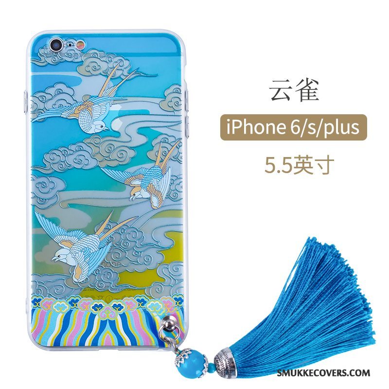 Etui iPhone 8 Plus Tasker Broderi Denim, Cover iPhone 8 Plus Silikone Lyserød Blå
