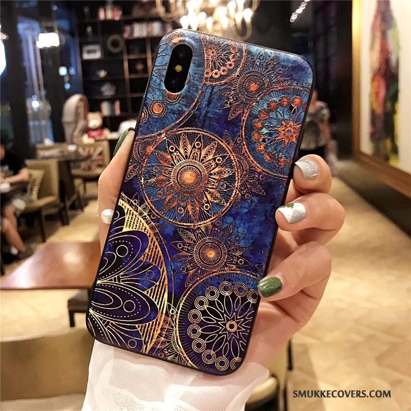 Etui iPhone X Blød Kunst Trend, Cover iPhone X Relief Mørkeblå Telefon