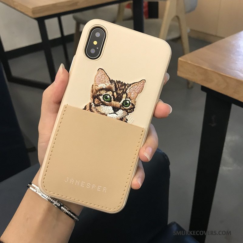 Etui iPhone X Silikone Smuk Kvalitet, Cover iPhone X Læder Lyserød Broderi