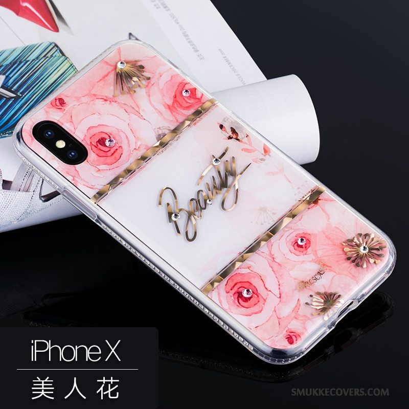 Etui iPhone X Strass Trendy Telefon, Cover iPhone X Silikone Ny Lyserød