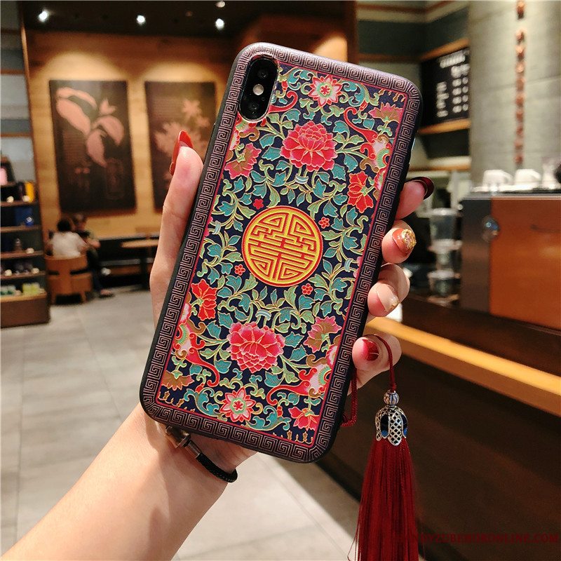 Etui iPhone Xs Relief Mønster Blomster, Cover iPhone Xs Beskyttelse Telefonblå