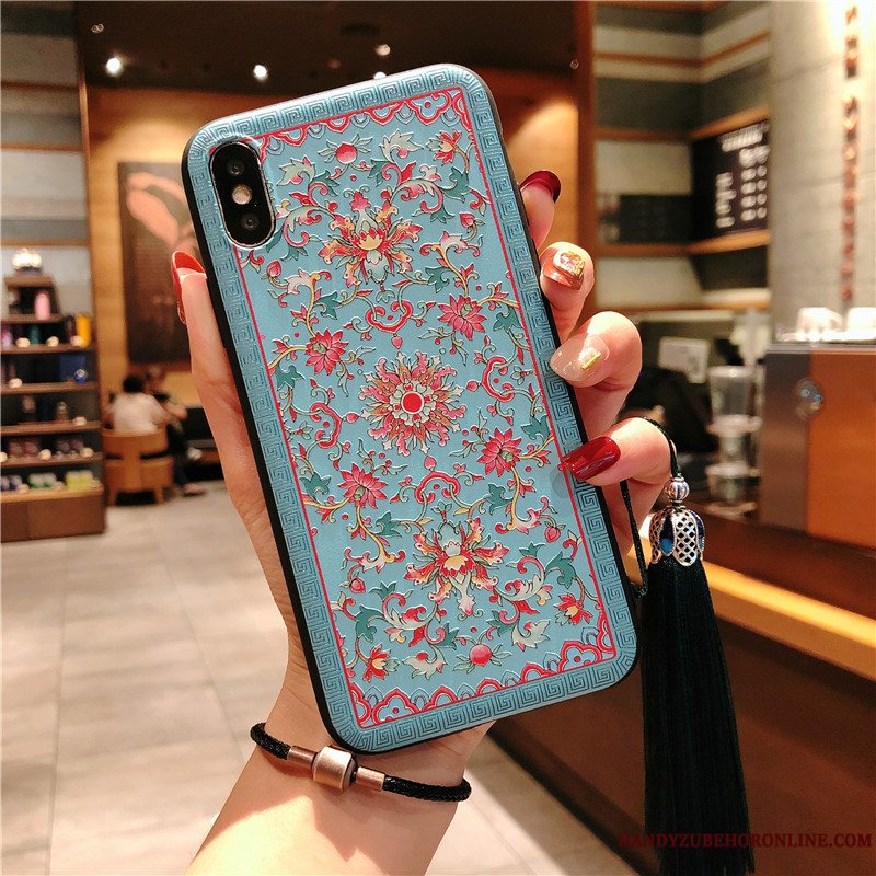 Etui iPhone Xs Relief Mønster Blomster, Cover iPhone Xs Beskyttelse Telefonblå