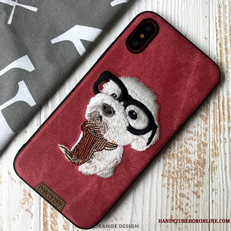 Etui iPhone Xs Tasker Broderi Denim, Cover iPhone Xs Cartoon Telefonrød