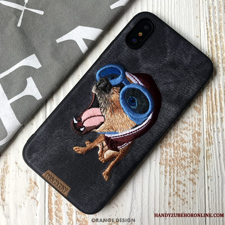 Etui iPhone Xs Tasker Broderi Denim, Cover iPhone Xs Cartoon Telefonrød