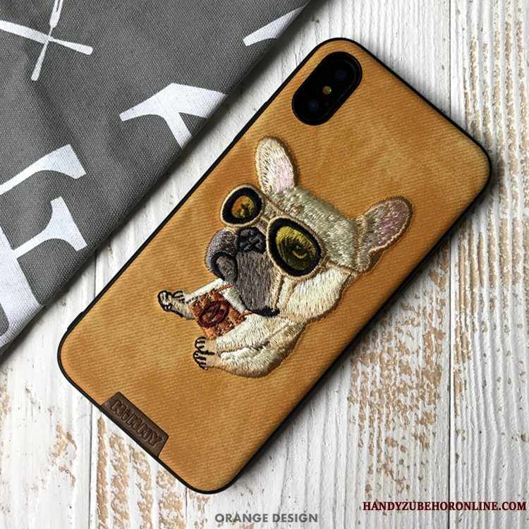 Etui iPhone Xs Tasker Broderi Denim, Cover iPhone Xs Cartoon Telefonrød