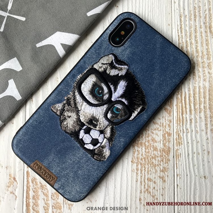 Etui iPhone Xs Tasker Broderi Denim, Cover iPhone Xs Cartoon Telefonrød