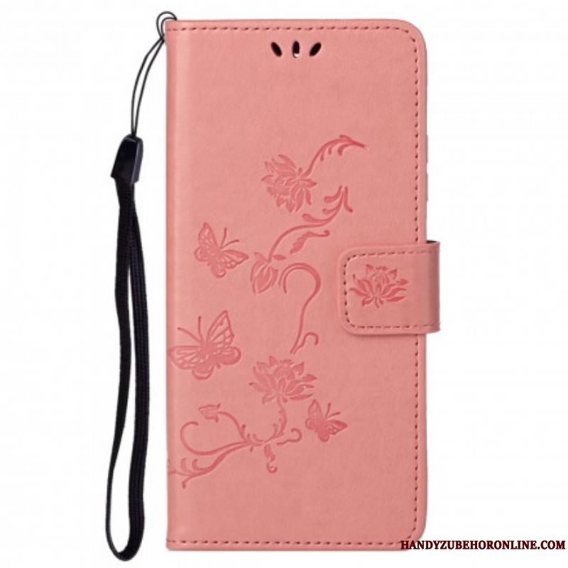 Flip Cover Motorola Edge 20 Pro Med Snor Sommerfugle Og Blomsterrem