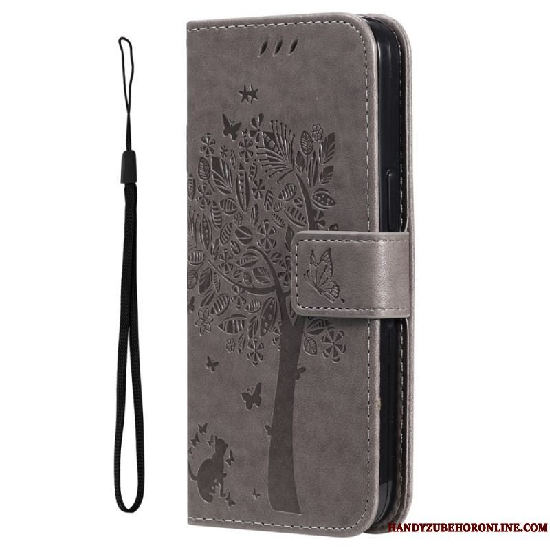 Flip Cover Samsung Galaxy A53 5G Med Snor Træ Og Strappy Kat