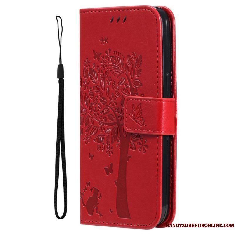 Flip Cover Samsung Galaxy A53 5G Med Snor Træ Og Strappy Kat