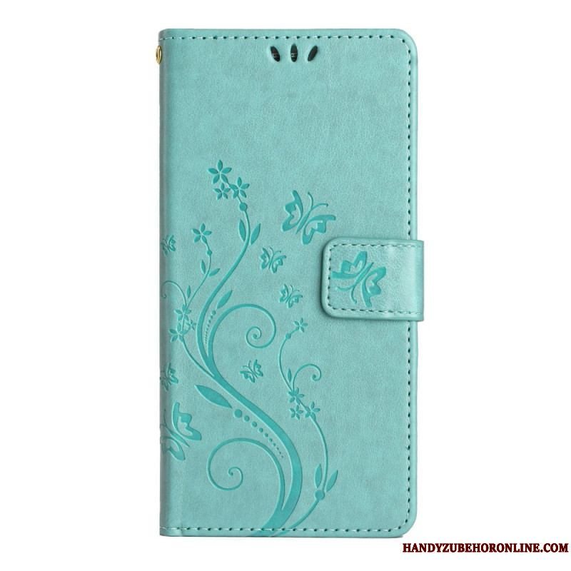 Flip Cover Samsung Galaxy A54 5G Med Snor Blomster Og Sommerfugle Med Rem