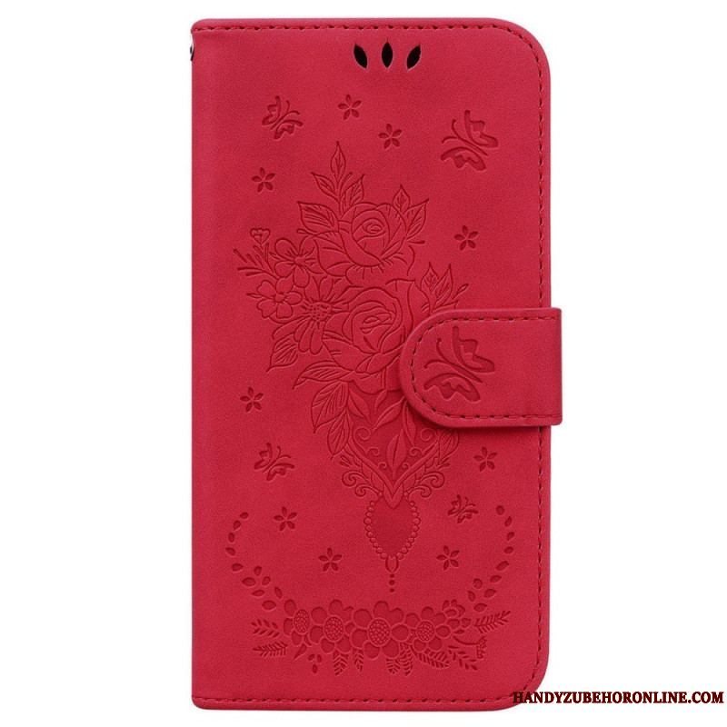 Flip Cover Samsung Galaxy M13 Med Snor Strappy Roser Og Sommerfugle