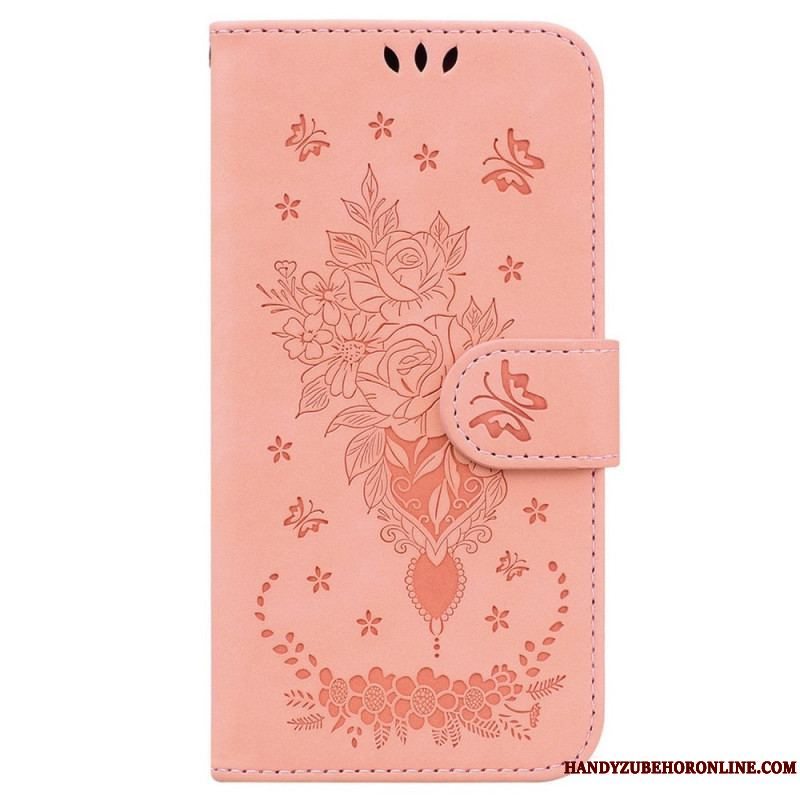 Flip Cover Samsung Galaxy M13 Med Snor Strappy Roser Og Sommerfugle