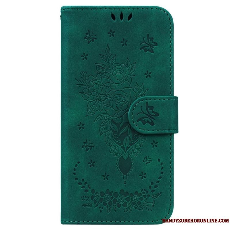 Flip Cover Samsung Galaxy M13 Med Snor Strappy Roser Og Sommerfugle