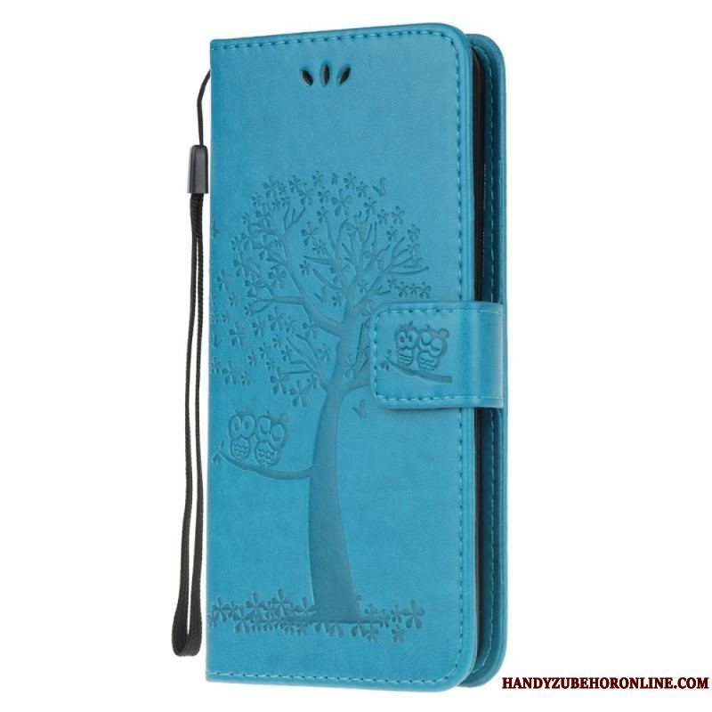 Flip Cover Samsung Galaxy M32 Med Snor Thong Træ Og Ugler