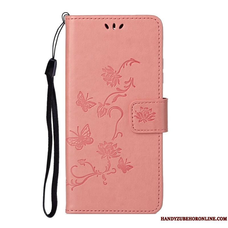 Flip Cover Samsung Galaxy S21 5G Med Snor Thong Sommerfugle Og Blomster