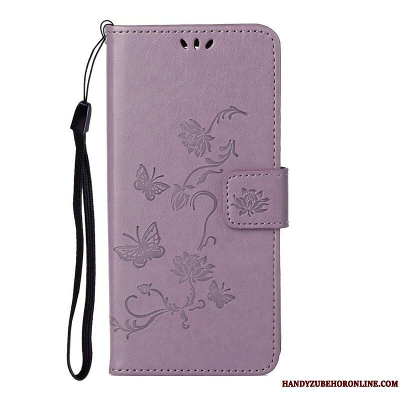 Flip Cover Samsung Galaxy S21 5G Med Snor Thong Sommerfugle Og Blomster