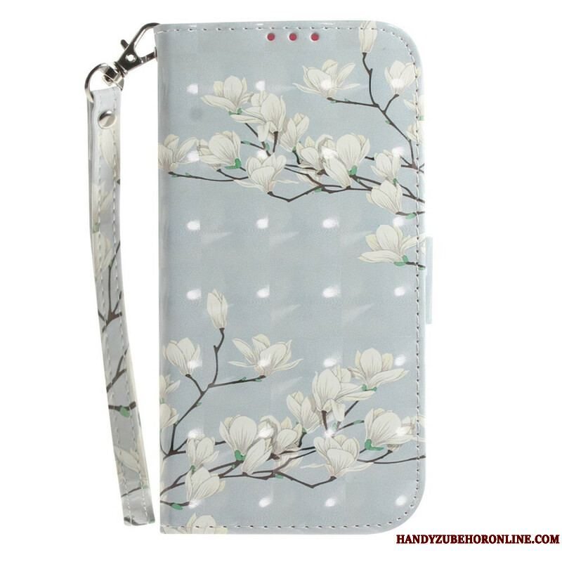 Flip Cover Samsung Galaxy S21 FE Med Snor Blomstrende Gren Med Rem