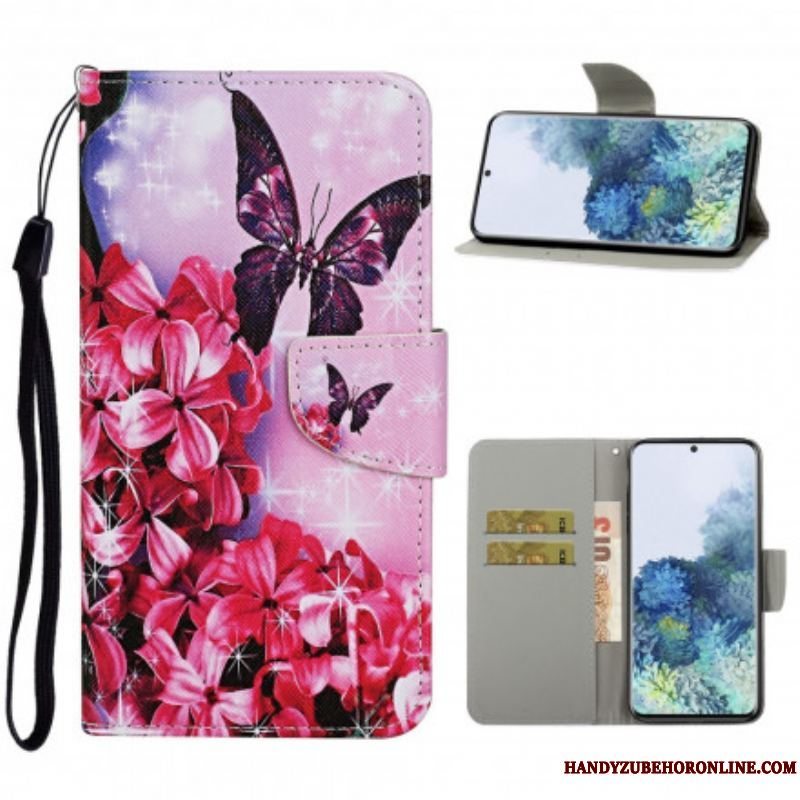 Flip Cover Samsung Galaxy S21 Ultra 5G Butterflies Floral Lanyard