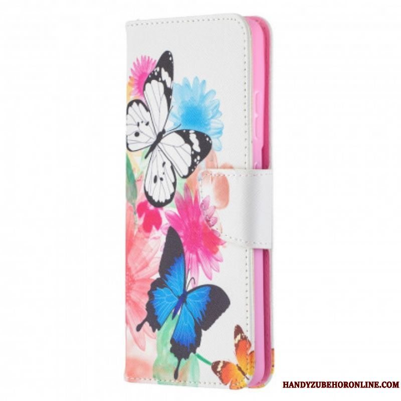 Flip Cover Samsung Galaxy S21 Ultra 5G Malede Sommerfugle Og Blomster