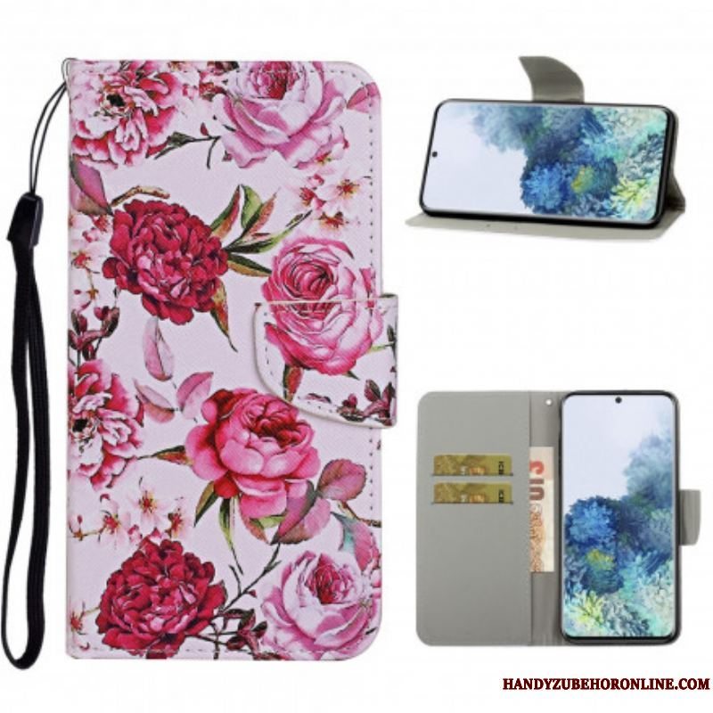 Flip Cover Samsung Galaxy S21 Ultra 5G Mesterlige Blomster Med Rem