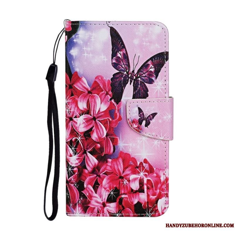 Flip Cover Samsung Galaxy S22 Ultra 5G Butterflies Floral Lanyard