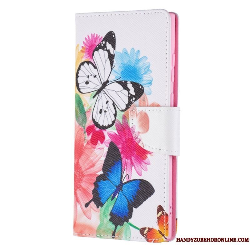 Flip Cover Samsung Galaxy S22 Ultra 5G Malede Sommerfugle Og Blomster